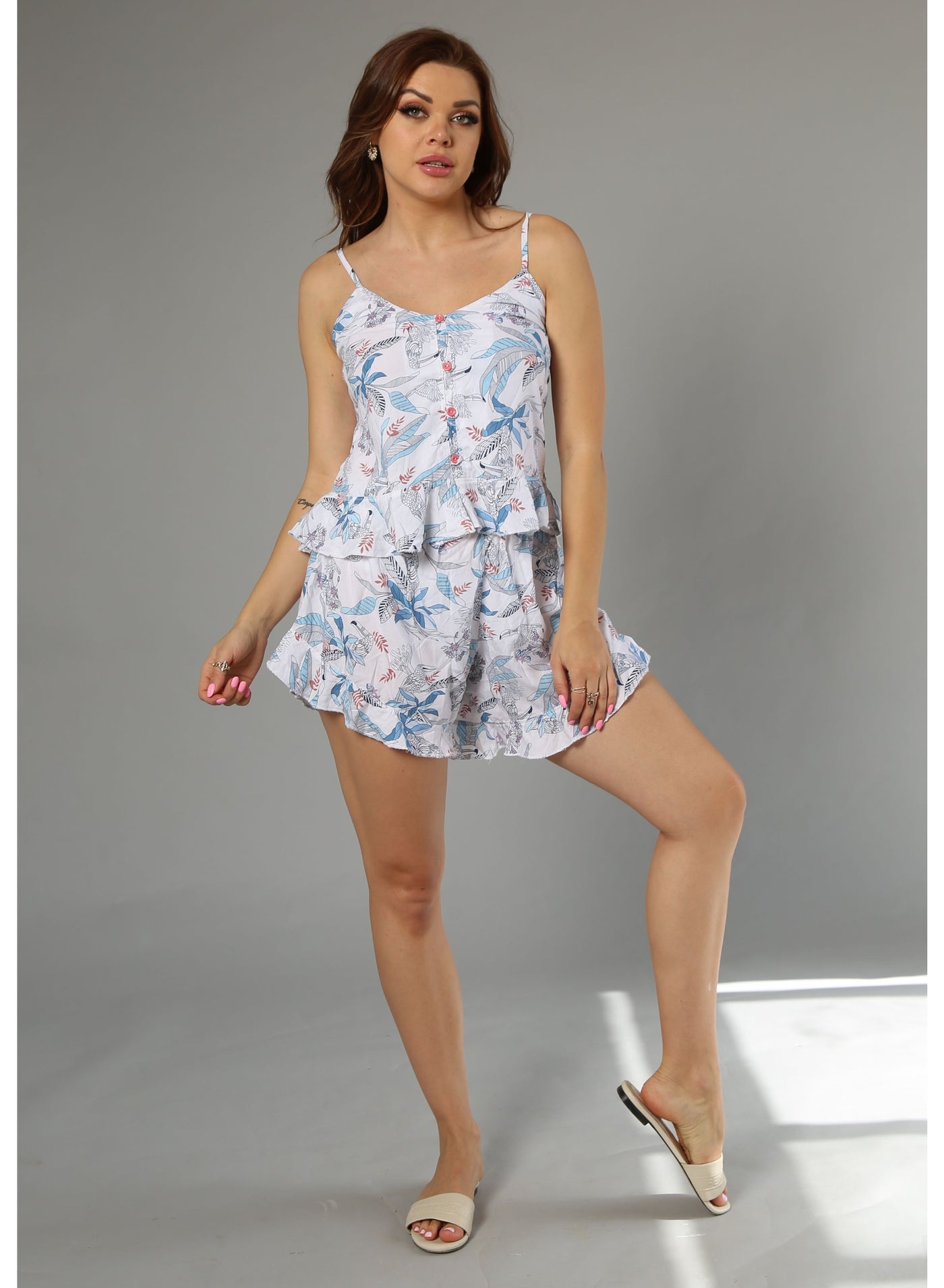 zecotex Women's 2-Piece 100% Soft Viscose Summer Pajama Set - Ruffled Camisole Top & Tropical Print Shorts - White & Blue.